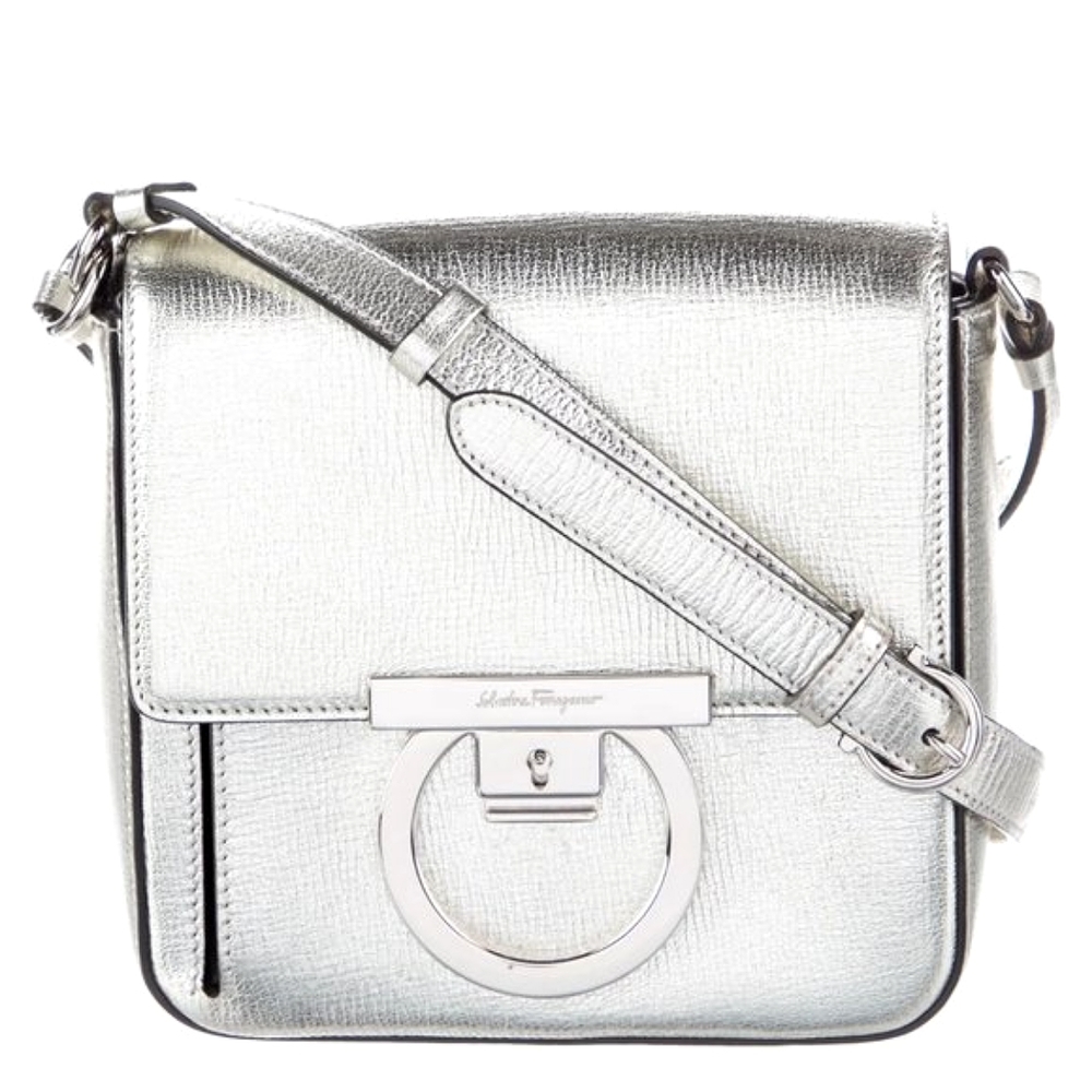 Salvatore Ferragamo Metallic Silver Leather Shoulder Grancini Flap Mini …